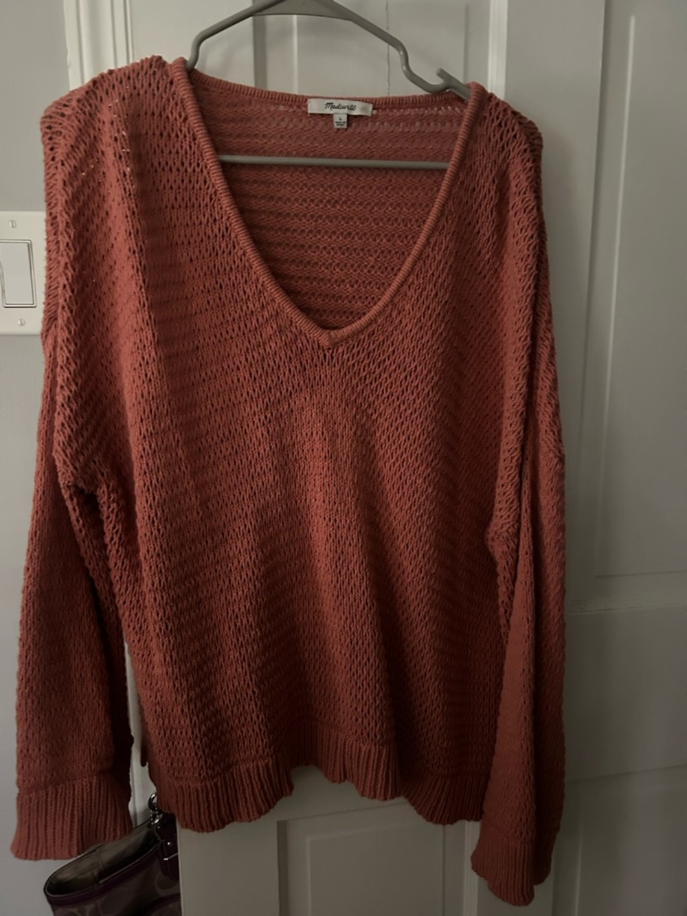 Madewell Loose Open-Knit V-Neck Sweater in Terracotta Rose